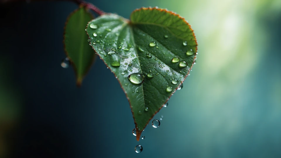 Leaf with Water Drops Macro