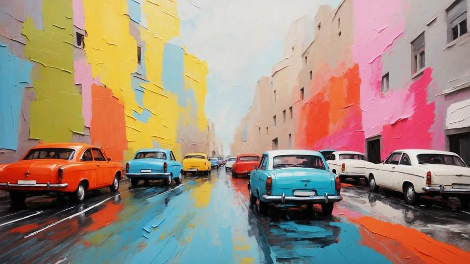 Colorful Retro Cars Oil Painting Wallpaper