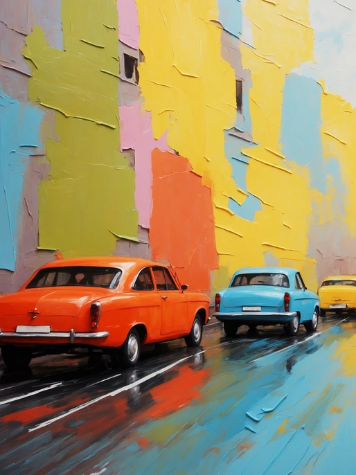 Colorful Retro Cars Oil Painting Wallpaper