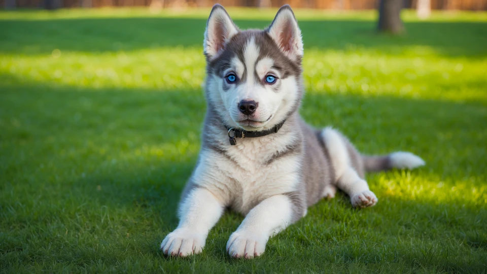 Husky Puppy in Yard Background