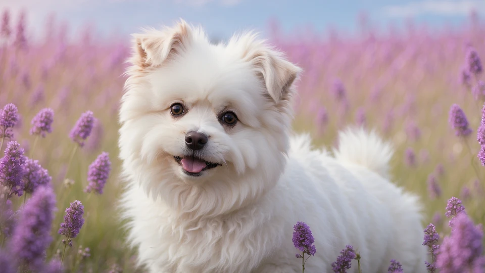 Dog Among Purple Flowers Background