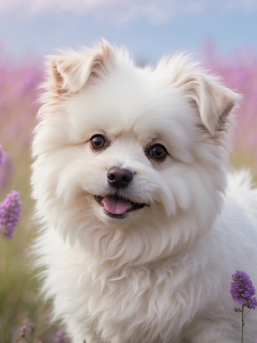 Dog Among Purple Flowers Background