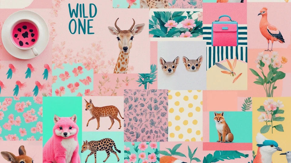 Pink Preppy Animal Collage Wallpaper