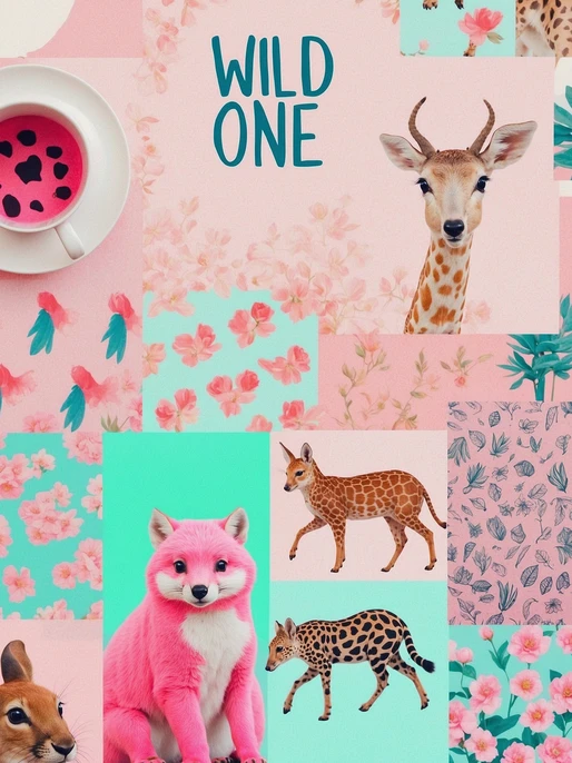 Pink Preppy Animal Collage Wallpaper