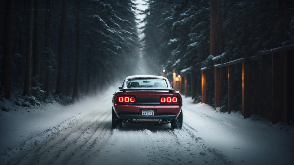 Snowy Road Muscle Car Wallpaper
