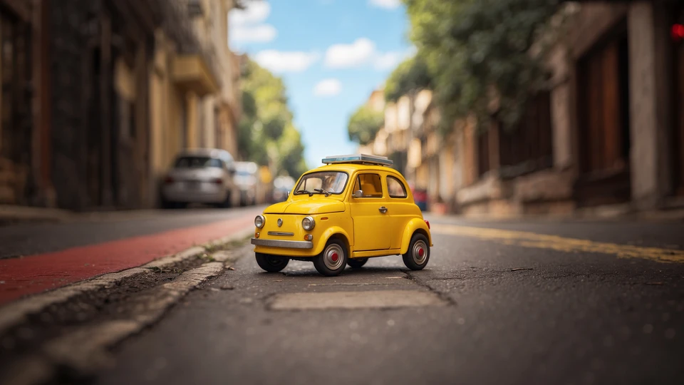 Yellow Toy Car on City Street