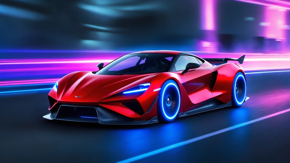 Neon Red Sports Car in Motion