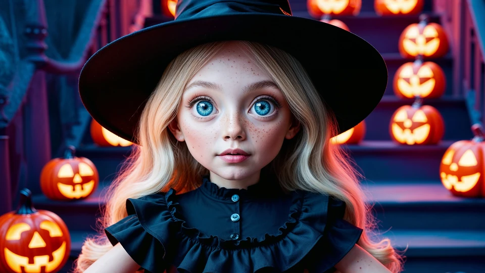 Witch Girl with Pumpkins Wallpaper