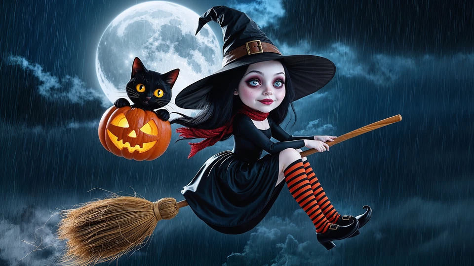 Flying Witch & Cat Wallpaper