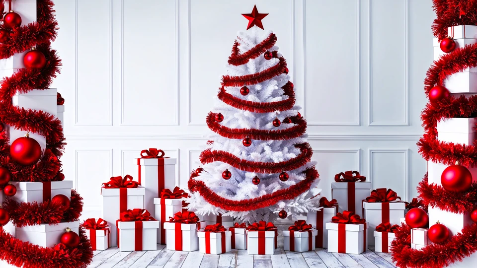 Red Baubles on White Christmas Tree