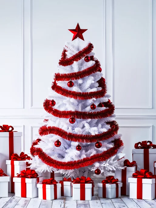 Red Baubles on White Christmas Tree