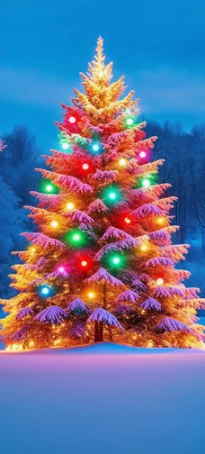 Twilight Christmas Tree in Snow
