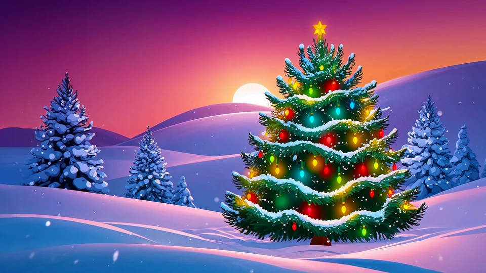Snowy Christmas Sunset Wallpaper