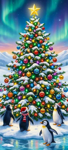 Xmas Tree With Penguins Wallpaper 